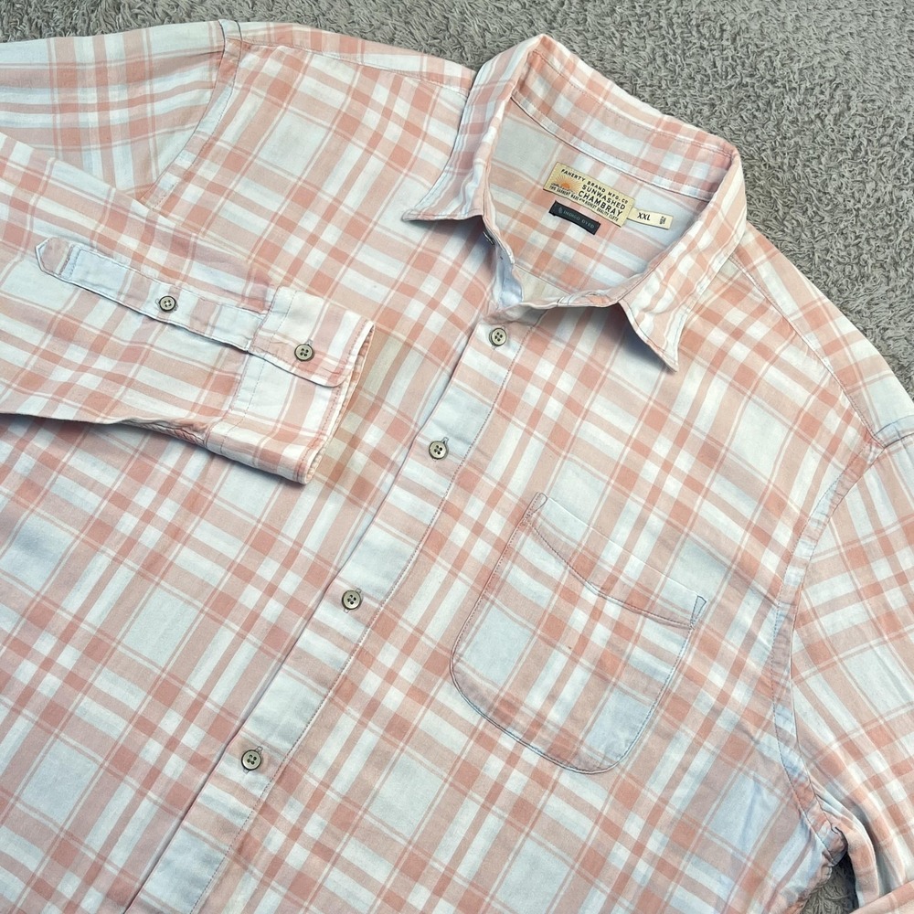 Faherty Sunwashed Chambray Shirt Mens 2XL Pink Plaid Button Up Elevated Casual